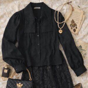 Donnkenny Retro Vintage Womens Black Button Up Pleated Blouse